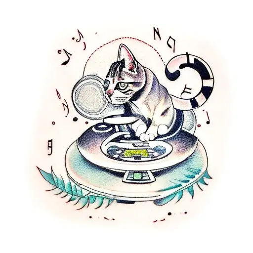 A Traditional Style Tattoo Of A Cat Sitting On A Gaming Console With Music Notes Surrounding It