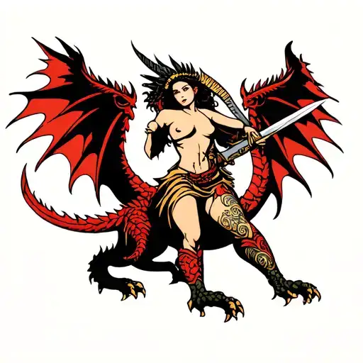 Topless Valkyrie Holding Sword Riding Dragon In Traditional
