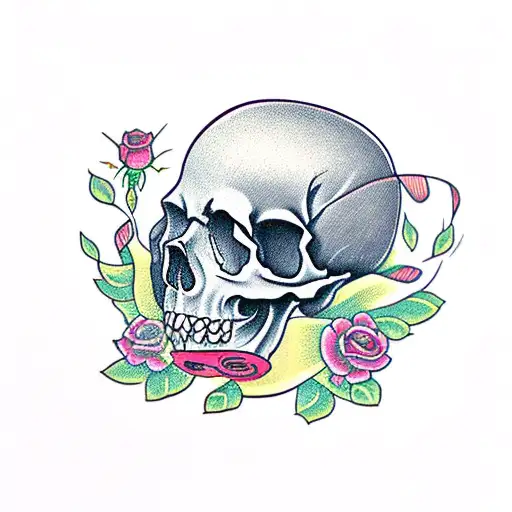 Skull With Roses And A Ribbon Saying Simmonds