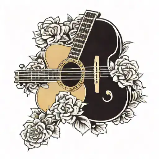 Golden Acoustic Guitar Surrounded By Flowers
