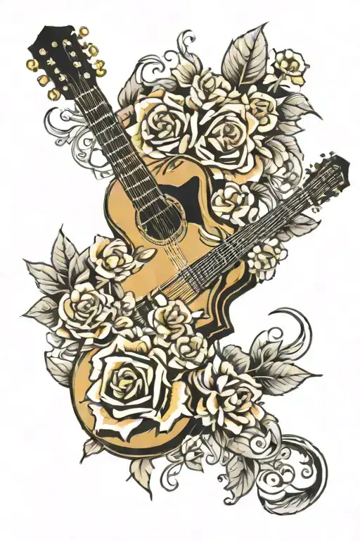 Golden Acoustic Guitar Surrounded By Flowers