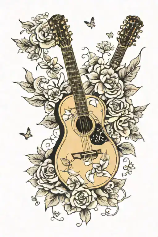 Golden Acoustic Guitar Surrounded By Flowers