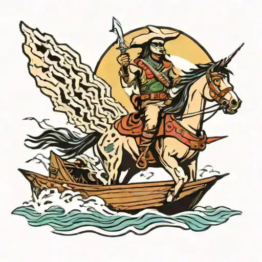 Tonto From The Lone Ranger Riding A Horse On A Boat With Lightning Bolt