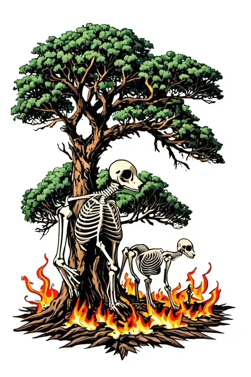 Eucalyptus Tree On Fire With Marsupial Skeletons Standing Underneath