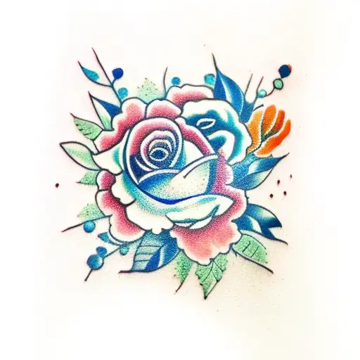 Blue And Orange Floral With Green Leaves