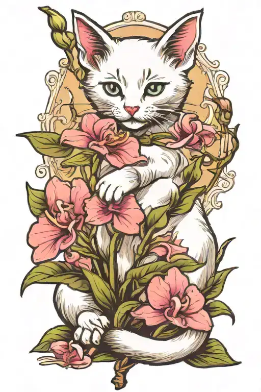 White Kitten Sits And Sniffs Orchid Branch