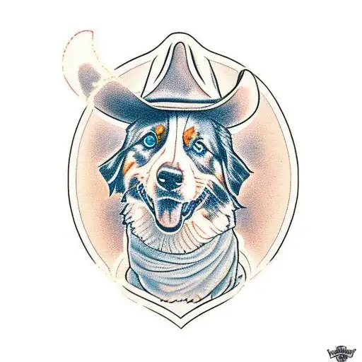 Light Brown And White Australian Shepherd Wearing A Cowboy Hat And A Bandana