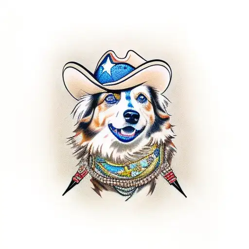 Light Brown And White Australian Shepherd Wearing A Cowboy Hat And A Bandana Around His Neck