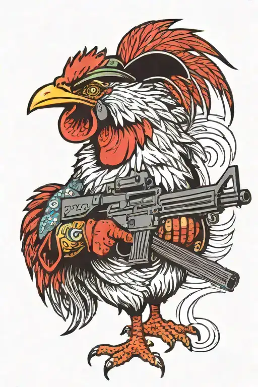 Rooster Carrying A M60 Machine Gun And Wearing A Army Helmet
