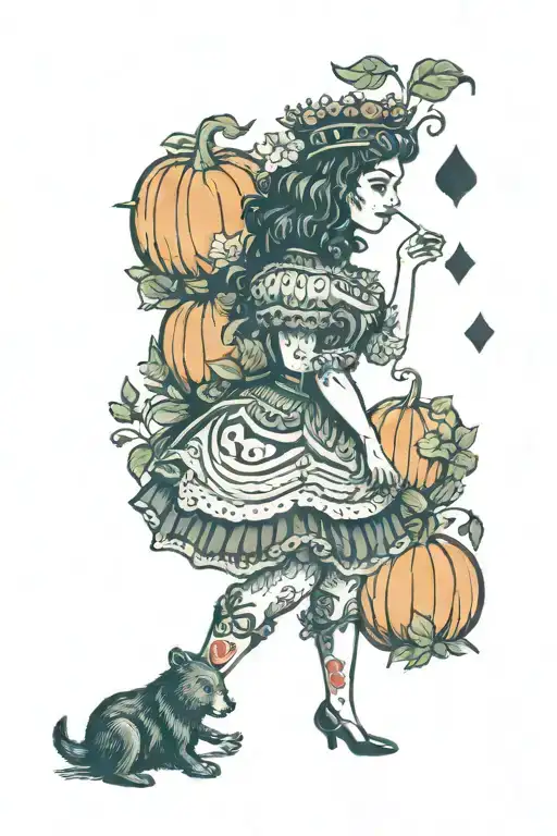 Queen Of Hearts With A Forest Inside With A Bear In A Pumpkin Patch