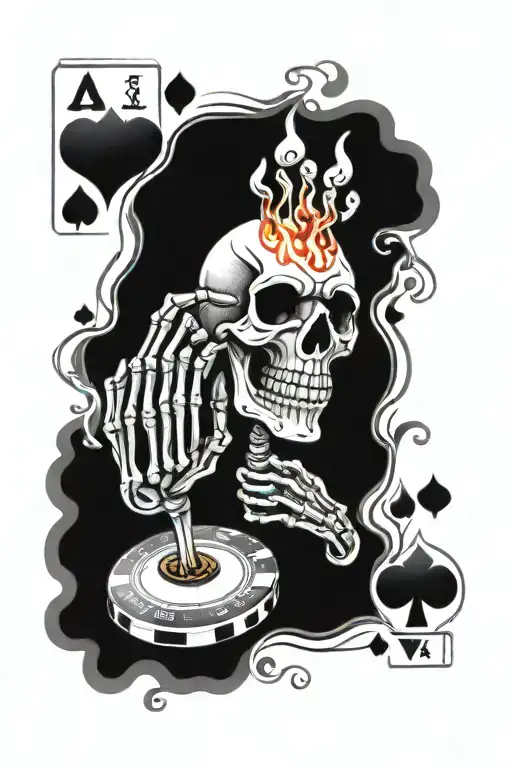 Skeleton Hand Holding Poker Cards With Poker Chips Around Them With A Fire Backgroung