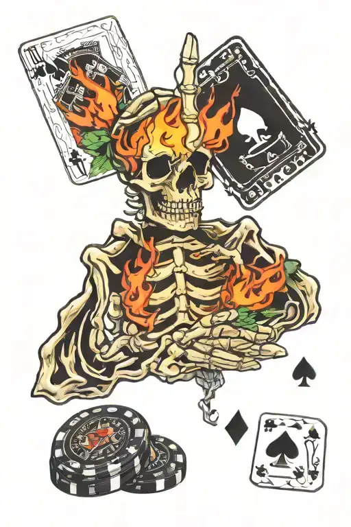 Skeleton Hand Holding Poker Cards With Poker Chips Around Them With A Fire Backgroung
