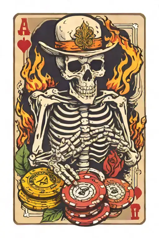 Skeleton Hand Holding Poker Cards With Poker Chips Around Them With A Fire Backgroung