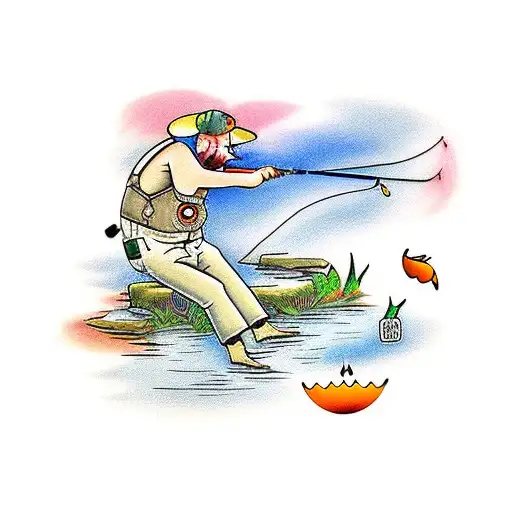 Pond With Two People Fishing And An Orange Cosmo Flowers Around The Pond