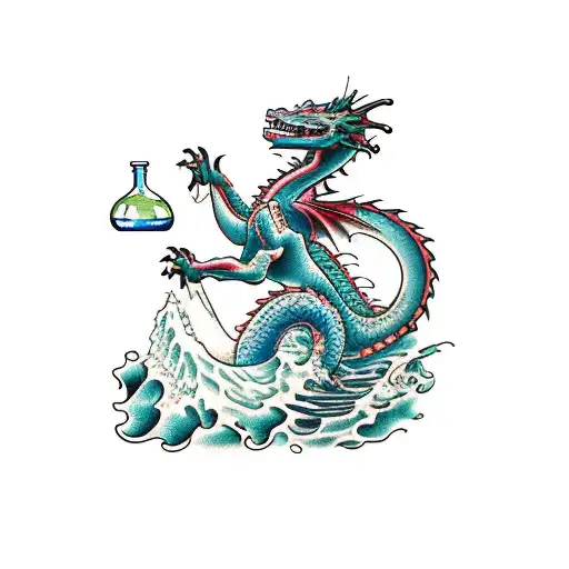 A Dragon Riding A Wave With A Chemistry Flask In One Hand