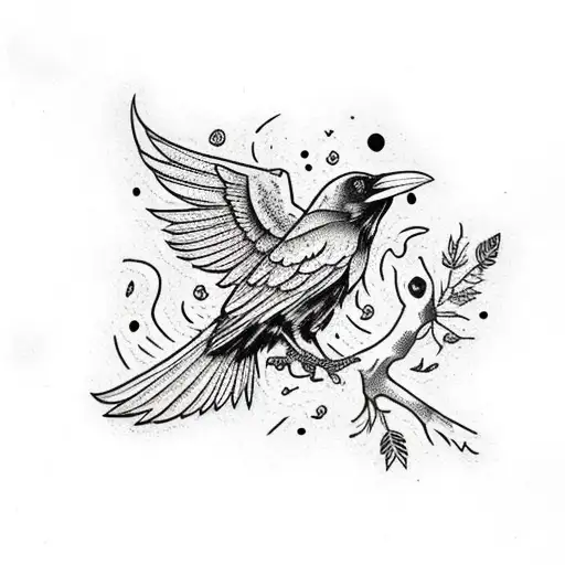 A Traditional-style Raven Perched On A Branch With Intricate Leaf Patterns