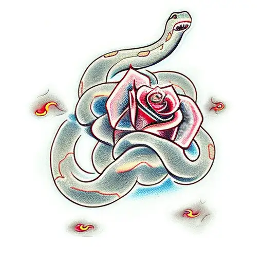 A Traditional Snake And Rose Design With Flames In The Background