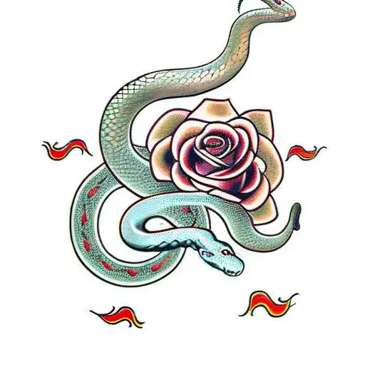 A Traditional Snake And Rose Design With Flames In The Background