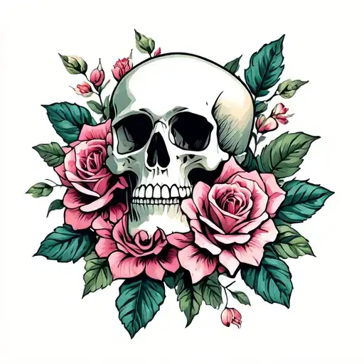 Skull Surrounded By A Rose And Azalea