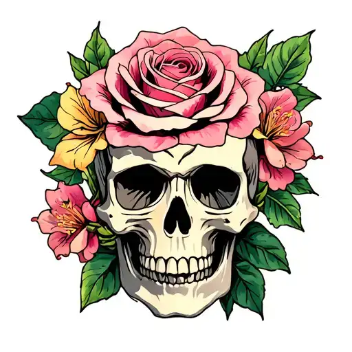 Skull Surrounded By A Rose And Azalea