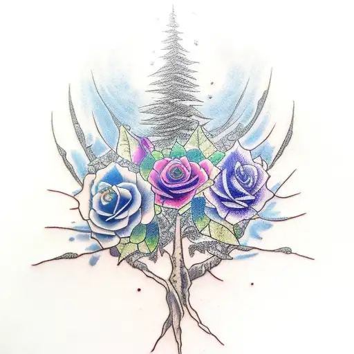 Weaping Willow Tree With Blue And Purple Roses Intertwined In The Trunk And Roots