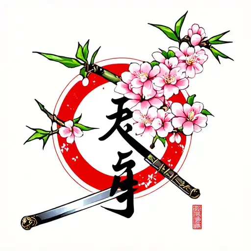 Japanese Writing With Samurai Sword And Cherry Blossoms And Bamboo