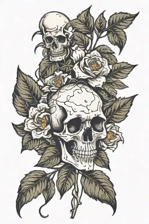 Skull In Weeds With Cherokee Rose Intertwined