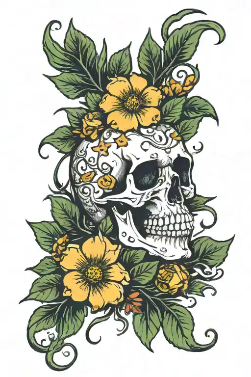 Skull In Weeds With Cherokee Rose Intertwined