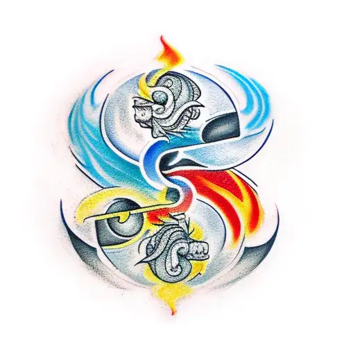 Yin And Yang Sign Incorporating Elements Of Fire And Ice And A Family Tree