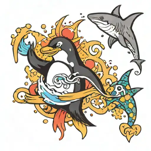 Happy Penguin Creating Splashes With Sharks Going In A Figure 8 Motion Around