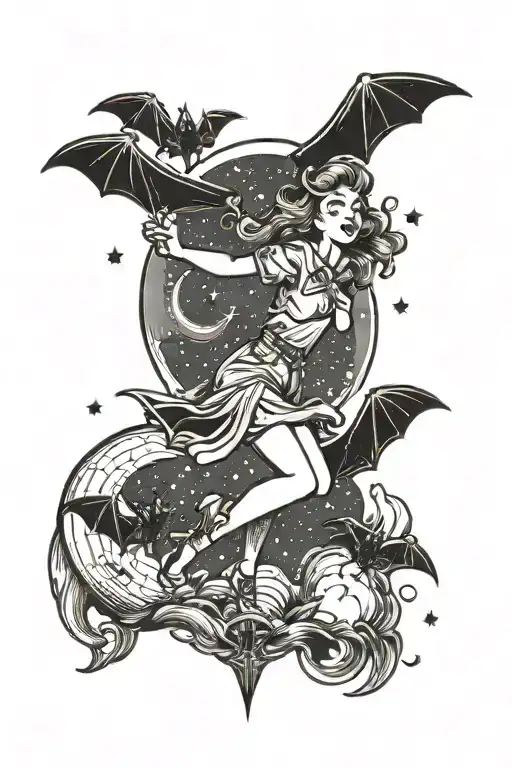 Girl Pointing To Bats Flying Toward A Moon In The Sky With Lightning