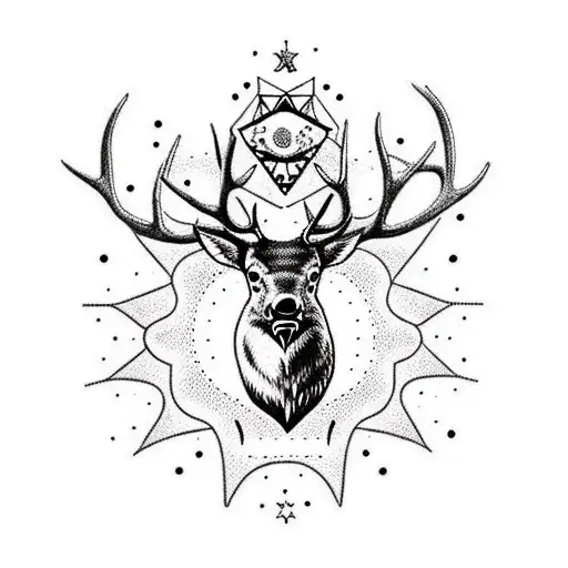Create A Dotwork Tattoo Of An Elk And A Hummingbird With A Celestial Background
