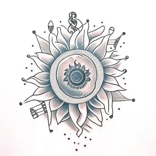 Traditional Style Tattoo Of A Sunflower Surrounded By Musical Instruments