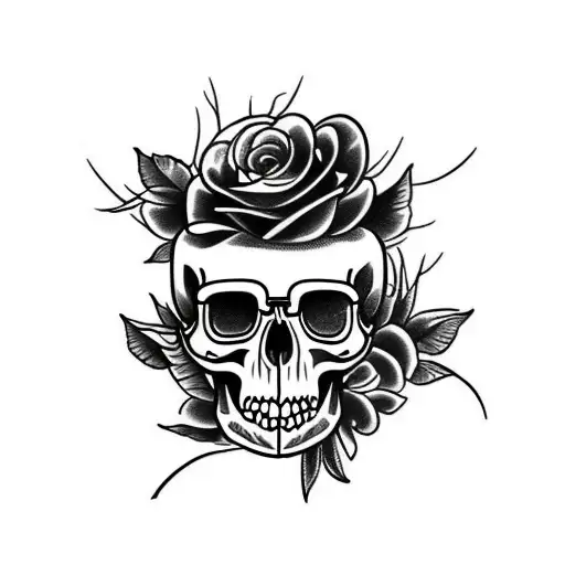 Black And White Flower Growing Out Of Skull