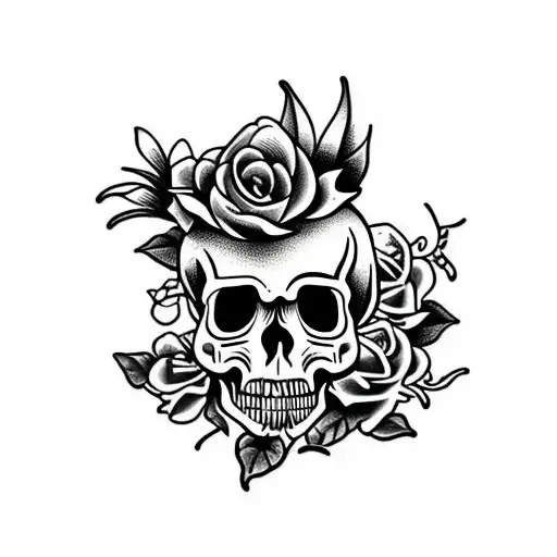Black And White Flower Growing Out Of Skull