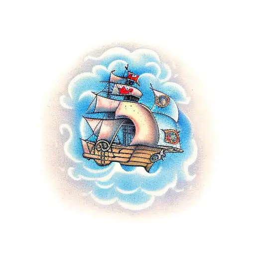 Front View Of A Pirate Ship With A Topless Mermaid Figure Head On The Front