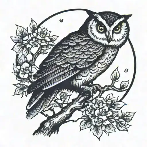 Moon Behind Owl Perched On A Branch