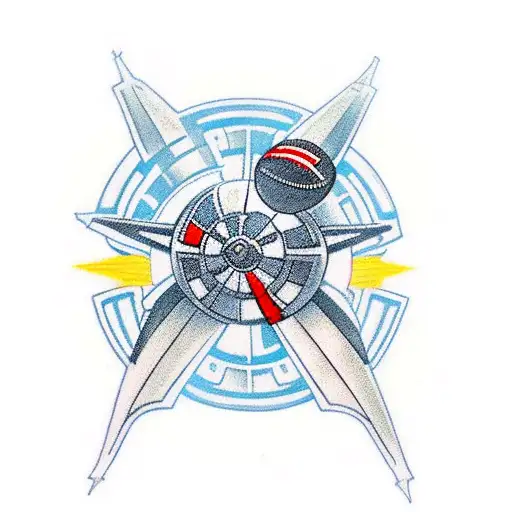 A Traditional-style Tattoo Of A Star Wars Spaceship Flying Over A Football Field With The Ou Logo