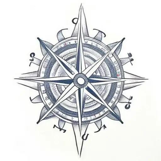A Traditional Tattoo Of A Compass With Flowers And Musical Notes