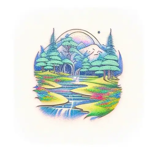 A Tranquil Riverside Scene With A Cascading Waterfall And Blooming Wildflowers