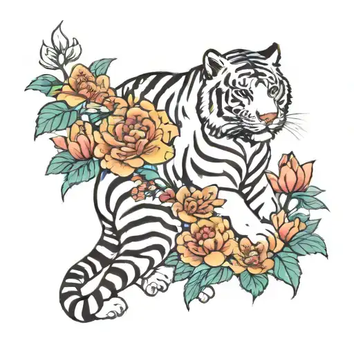 White Tiger Body And Asian Flowers