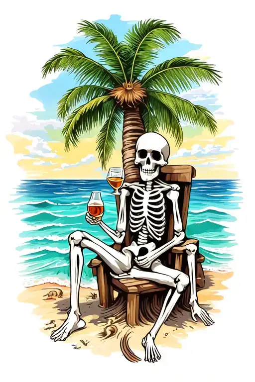 Sea With Beach And Skeleton Drinking Rum Sitting Next To The Palm Tree And Above Is Colorfur Sky