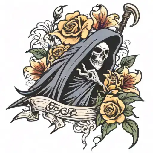 Grim Reaper With Roses And Lily Flower