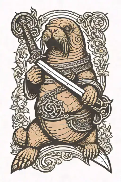 Walrus Holding A Giant Battle Sword Tattoo