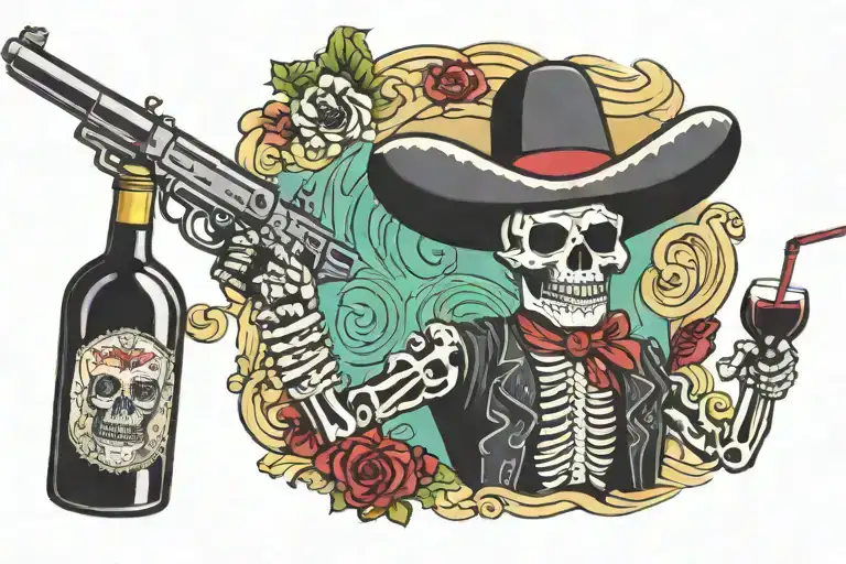 Mexican Skeleton Man With A Moustache And A Gun Shooting Wine Bottles