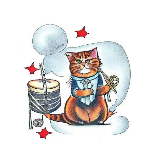 Ginger Cat Sitting At A Drum Kit