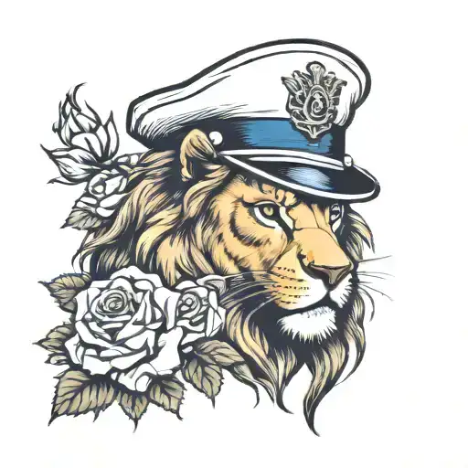 A Traditional Tattoo Of A Majestic Lion Wearing A Nurse's Cap Surrounded By Blooming Roses