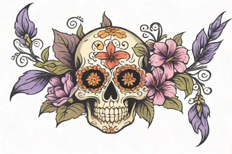 Sugar Skull And Wildflowers Holding A Purple Lily