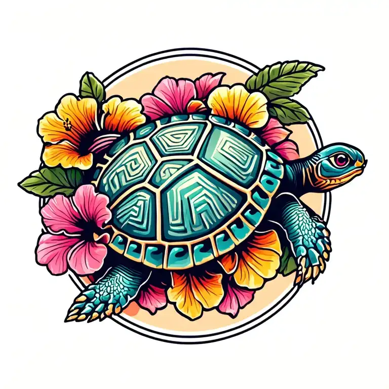 Turtle Color Tattoo With Tribal Patterns Or Hibiscus