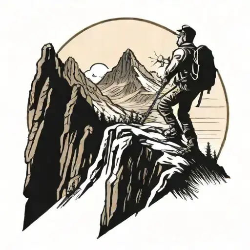 A Traditional Style Tattoo Of A Hiker Conquering A Steep Mountain Peak With Determination